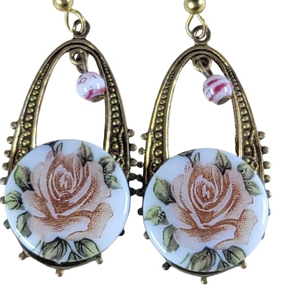 Unsigned Vintage Earrings & Necklace Set Cameo Pink Rose Porcelain Victorian - Picture 5 of 12